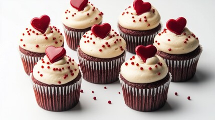 Valentine Day cupcakes with red velvet hearts and cream cheese frosting, isolated on white background
