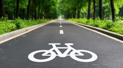 Obraz premium Bicycle lane on a serene tree-lined road, encouraging outdoor activities and sustainable transport.