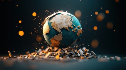 Fototapeta premium Suspended Globe Over Shattered Surface at Scale 50x