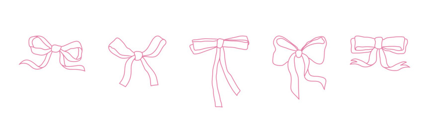 Hand-drawn whimsical pink gift bows. Girly сlipart for greeting cards, wedding invitations, posters. Monochrome line art graphic. Coquette aesthetics.