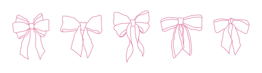 Hand-drawn whimsical pink gift bows. Girly сlipart for greeting cards, wedding invitations, posters. Monochrome line art graphic. Coquette aesthetics.