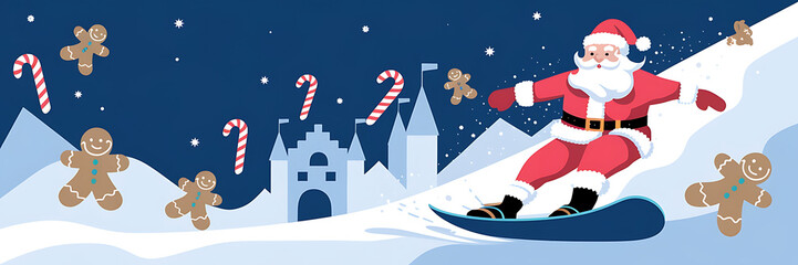 Santa Claus snowboarding down a snowy hill with gingerbread men and candy canes  red and brown  Christmas cheer   