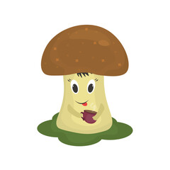 Illustration of a porcini mushroom drinking tea