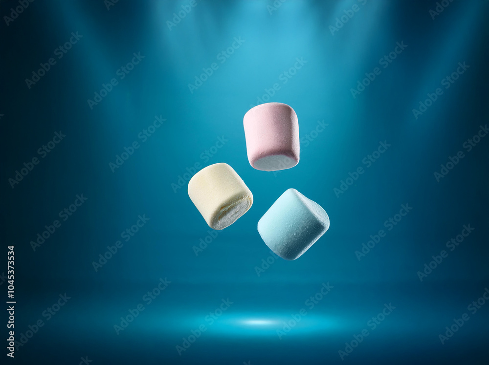 Poster three colorful marshmallows are floating against a blue background.