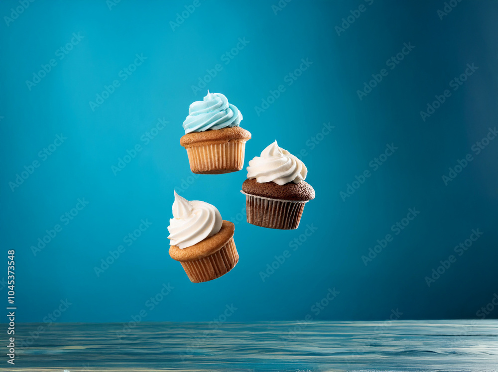 Poster three cupcakes with different frosting flavors are floating against a blue background.
