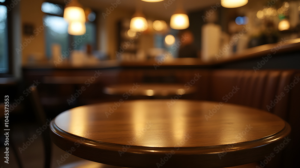 Poster blurry photo shows empty wooden table with gold accents in a dimly lit cafe setting.