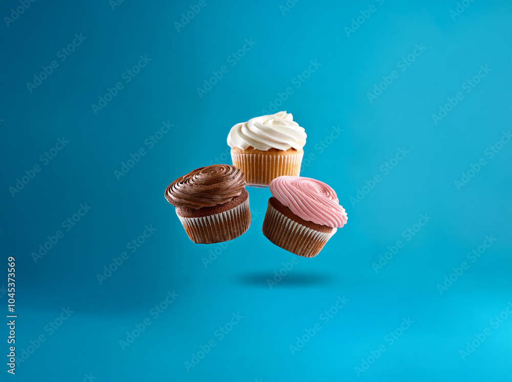 Poster three cupcakes with different frosting flavors float in the air against a blue background.