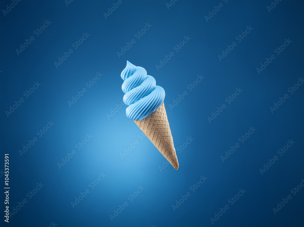 Poster a single scoop of light blue soft serve ice cream is swirled in a waffle cone against a blue backgro