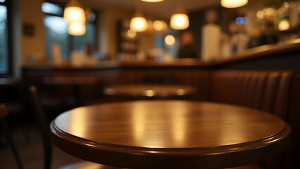 Obraz premium Blurry photo shows empty wooden table with gold accents in a dimly lit cafe setting.