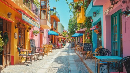 Fototapeta premium Vibrant Street with Beautiful Cafes and Colorful Decor