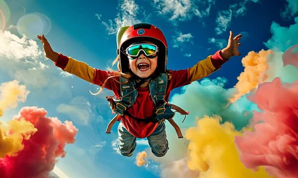 A child joyfully skydiving amidst colorful smoke clouds.