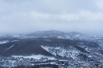 Snow Mountain, forest and village in snowy day