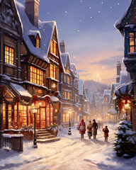 Obraz premium The atmosphere in the snow-covered city during the Christmas festival.