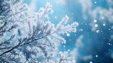 Frosty Winter Branch with Blue Sky and Snowflakes