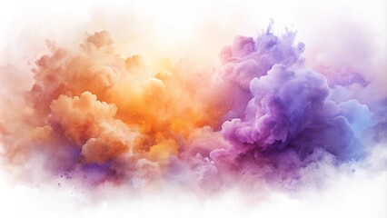 Fototapeta premium One single orange and purple watercolor aquarelle abstract splash stain isolated. Colorful watercolor background of abstract sunset sky with puffy clouds in bright rainbow colors of orange pink yellow
