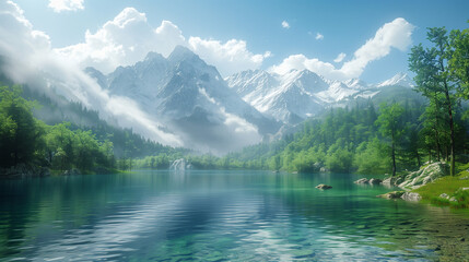 Serene mountain lake with clear blue waters, lush green trees, and snow-capped peaks under a bright sky