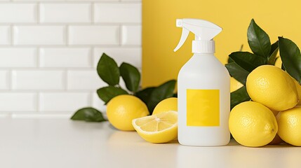 A spray bottle is displayed alongside fresh lemons on a bright yellow background, evoking a fresh, clean aesthetic.