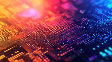 Close-up view of a colorful circuit board illuminated in vibrant tones.