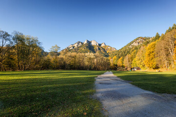 A camping site in the foreground. Beautiful Pieniny mountains. View of the Trzy Korony peak. Autumn in the mountains. Cerveny Klastor, Slovakia © p  a  t  r  i  c  k
