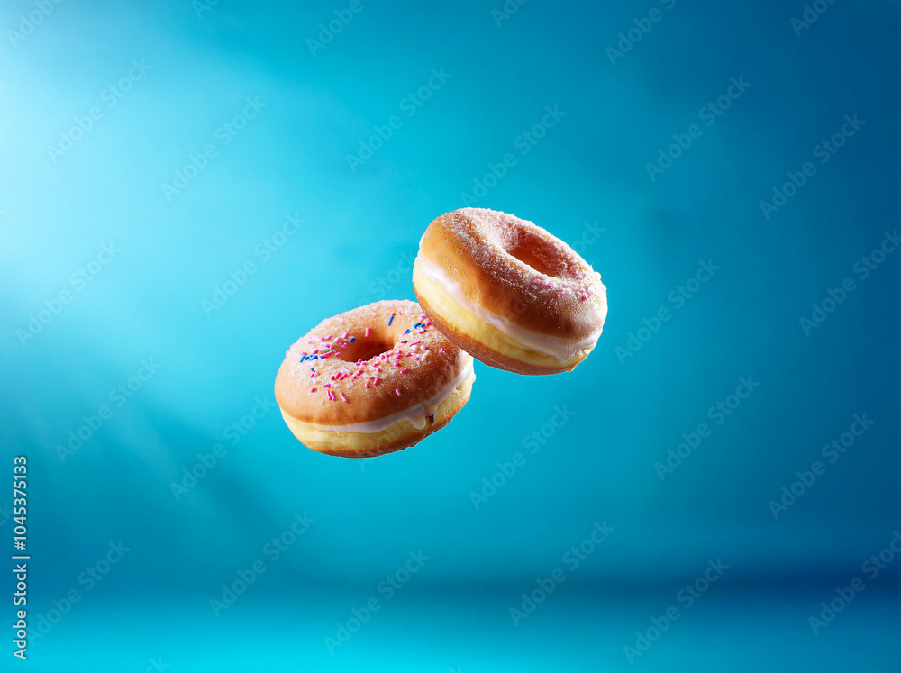 Poster two glazed donuts with colorful sprinkles floating against a turquoise background.
