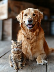Playful Golden Retriever and Fluffy Tabby Cat Together
