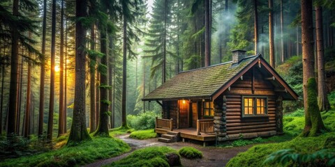 Cozy cabin nestled in a lush forest , house, cabin, home, forest, trees, nature, tranquil, secluded, peaceful, remote
