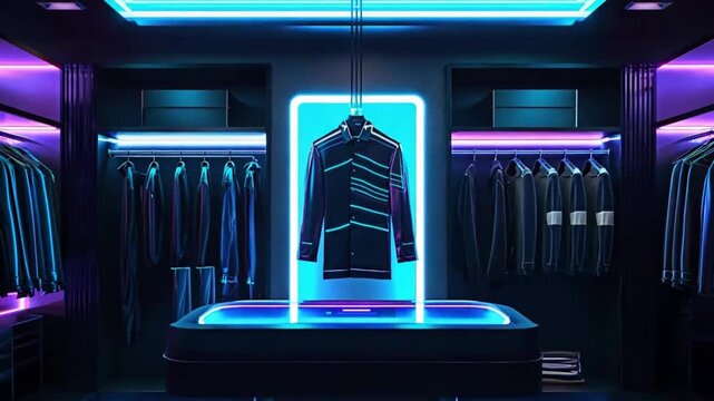 Futuristic clothing display with neon lights in modern boutique. Stylish garment showcased in illuminated high-tech fashion store.
