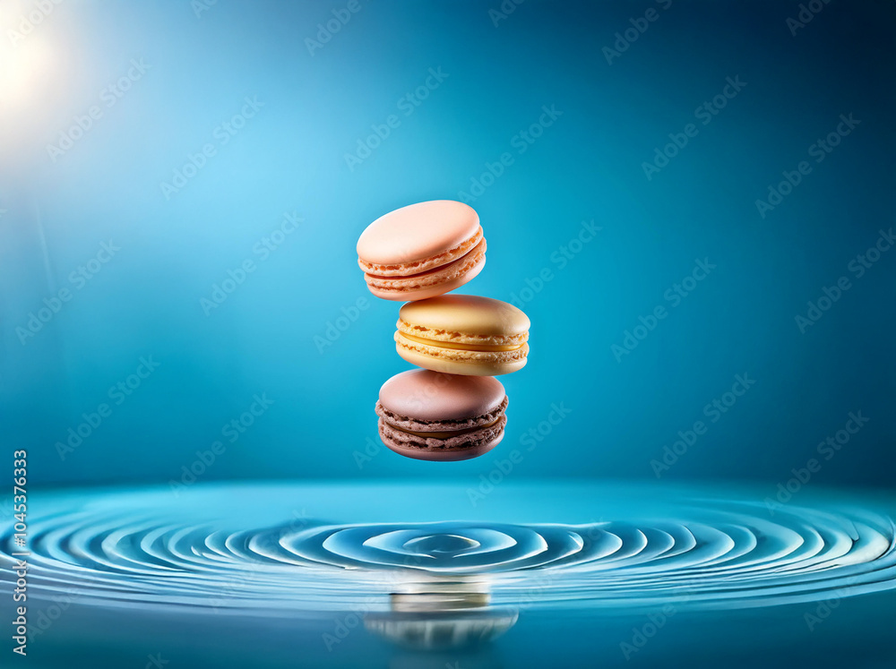 Poster three colorful macarons are stacked in midair, floating against a solid blue background.