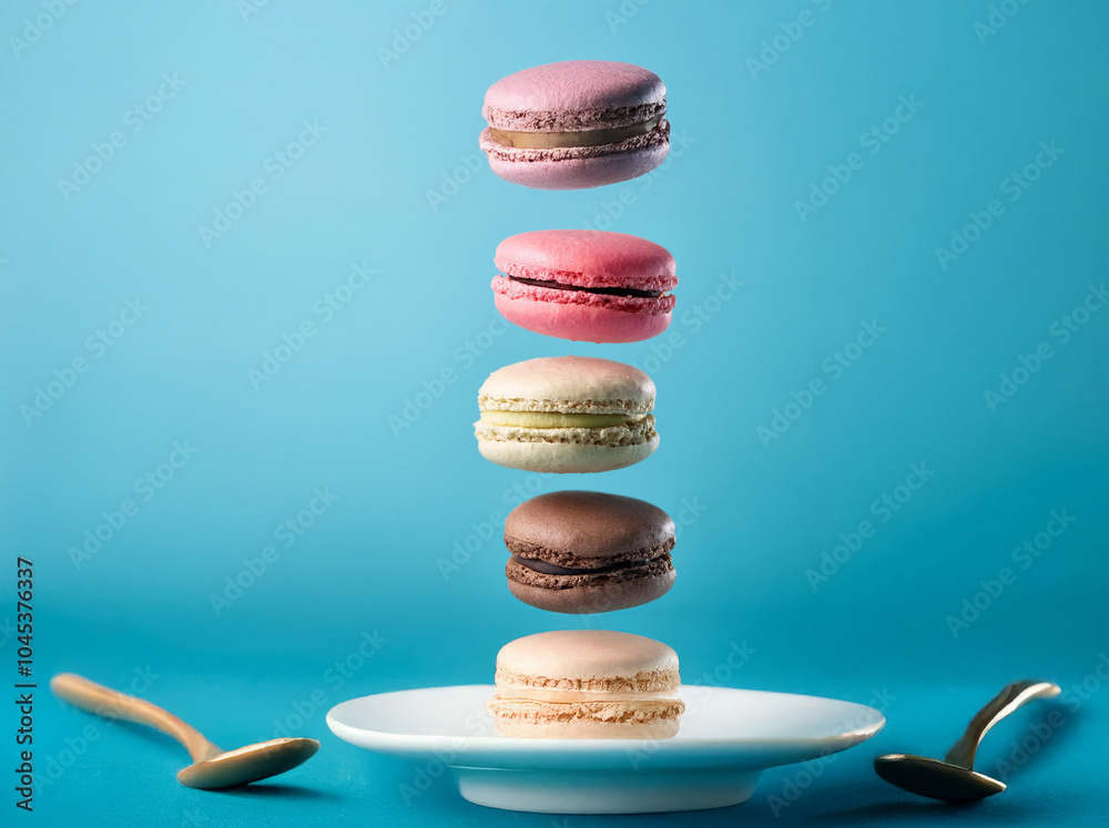 Poster three macarons in different colors and flavors are floating in mid-air against a blue background.