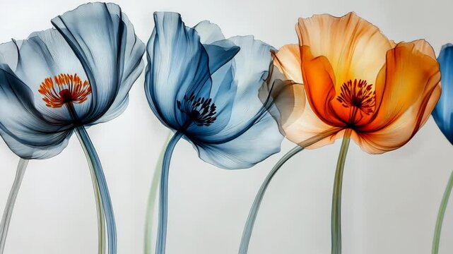 A close-up of five poppy flowers, three blue and two orange, with delicate stems, set against a white background