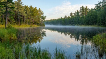 Obraz premium Tranquil morning mist over a still lake with a lush green forest on the horizon.