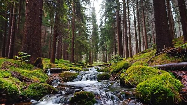 Peaceful forest creek meandering through tall trees and moss-covered rocks. Scenic stream running through misty woods in nature landscape.
