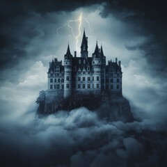 Gothic Castle on Cliff Under Lightning Storm