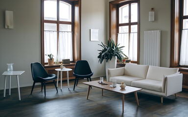 Fototapeta premium Modern living room interior design with white sofa and black chairs minimalist style cozy and comfortable perfect for a relaxing afternoon 