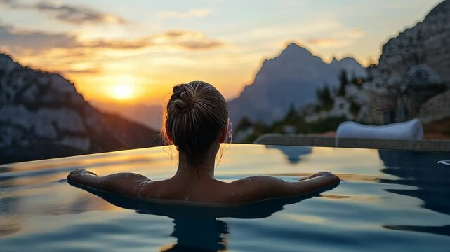 A woman enjoys a serene bath in a pool with a mountain backdrop during sunset.**** Video