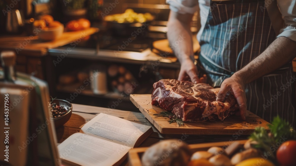 Wall mural culinary mastery: preparing a delicious roast in a rustic kitchen,carnivore diet,