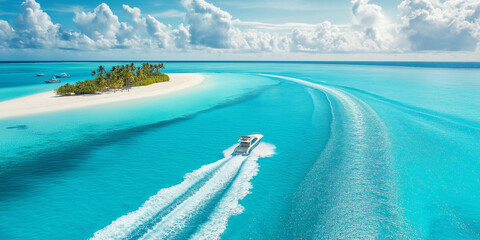 Luxury yacht speeding on turquoise water near tropical island paradise