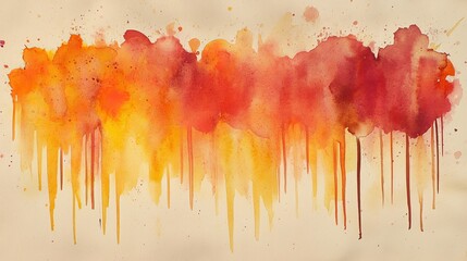 Fototapeta premium Abstract watercolor paint drips in orange, red, and yellow, blending into each other on textured paper with grainy details
