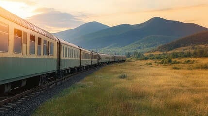 Fototapeta premium Scenic view of a train traveling through a tranquil landscape, surrounded by mountains and fields during sunset.