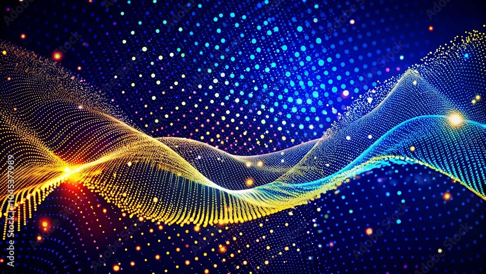 Poster Musical wave. Digital technology background. Abstract structure with glowing dots. Big data. Futuristic digital hexagonal grid. Abstract dark background of particle flow. Science, technology