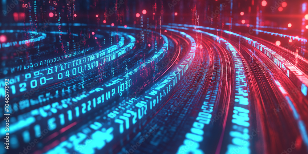 Poster Binary code data flowing through cyberspace with light trails