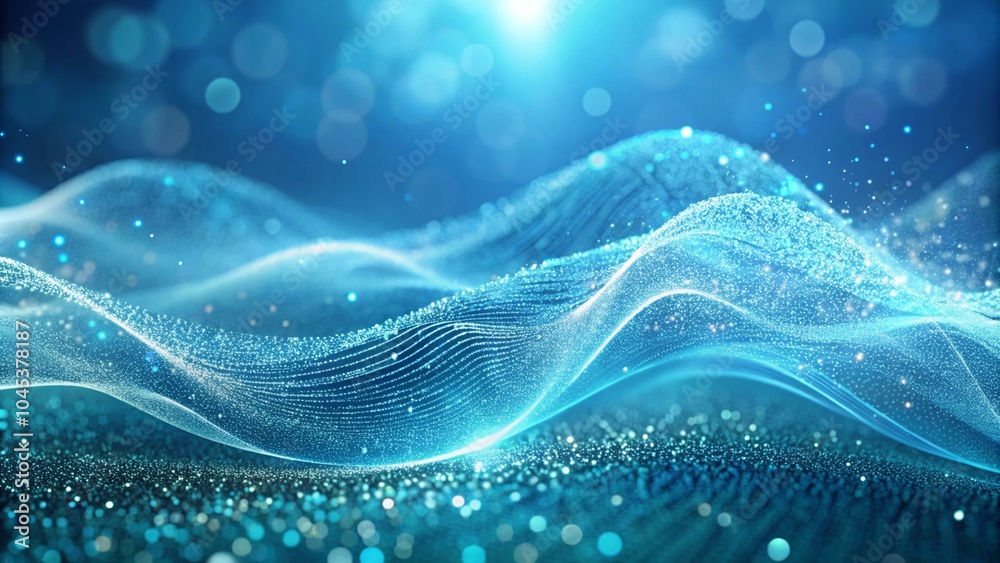 Poster Musical wave. Digital technology background. Abstract structure with glowing dots. Big data. Futuristic digital hexagonal grid. Abstract dark background of particle flow. Science, technology