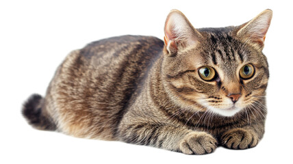 Obraz premium A tabby cat resting comfortably on a soft surface, showcasing its vibrant green eyes and unique coat pattern during a calm afternoon.