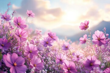 Delicate Pink Cosmos Flowers in a Field with a Soft, Blurred Background