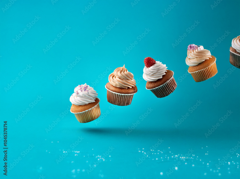 Poster three cupcakes with different toppings floating against a bright blue background.