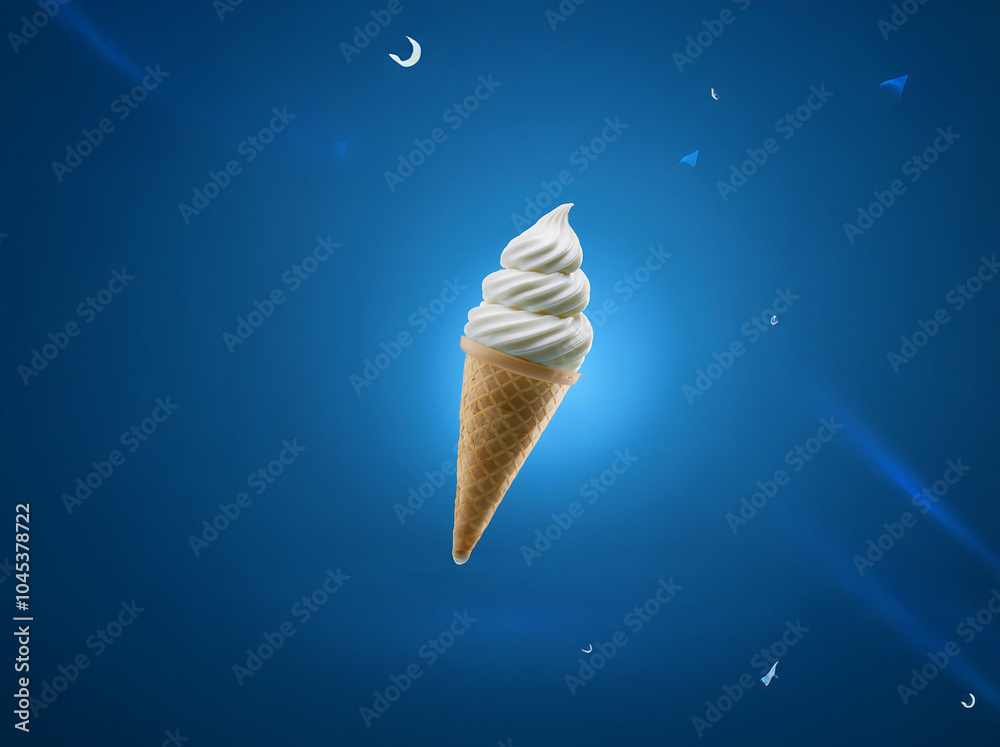 Poster A single serving of soft serve ice cream in a waffle cone is set against a bright blue background.