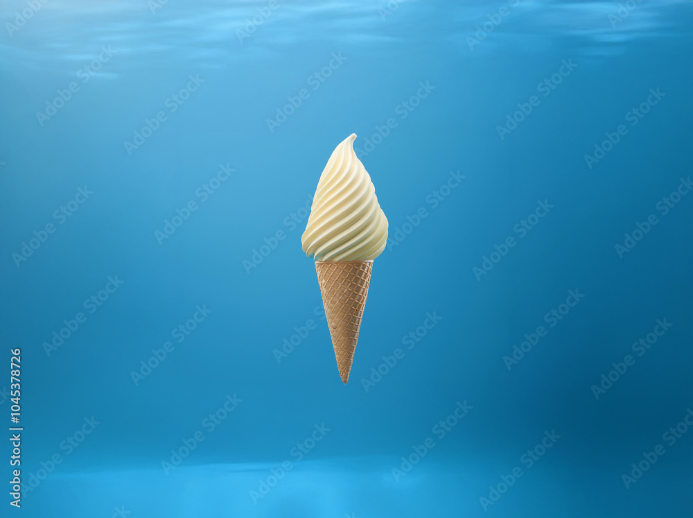 Poster a single swirl of vanilla soft-serve ice cream sits in a waffle cone against a blue background.