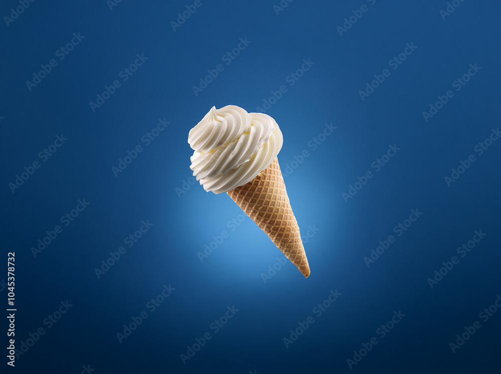Aufkleber a single scoop of soft serve ice cream in a waffle cone against a blue background.