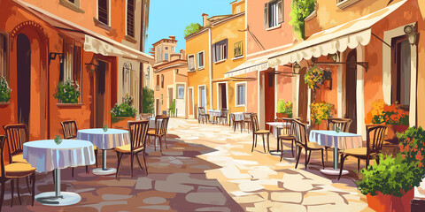 Obraz premium Empty street cafe is waiting for customers on a beautiful summer day