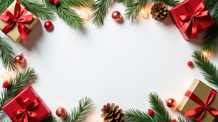 Flat lay Christmas banner with space for text on white background with gift boxes and garlands. Frame of fir branches, red balls, gold confetti